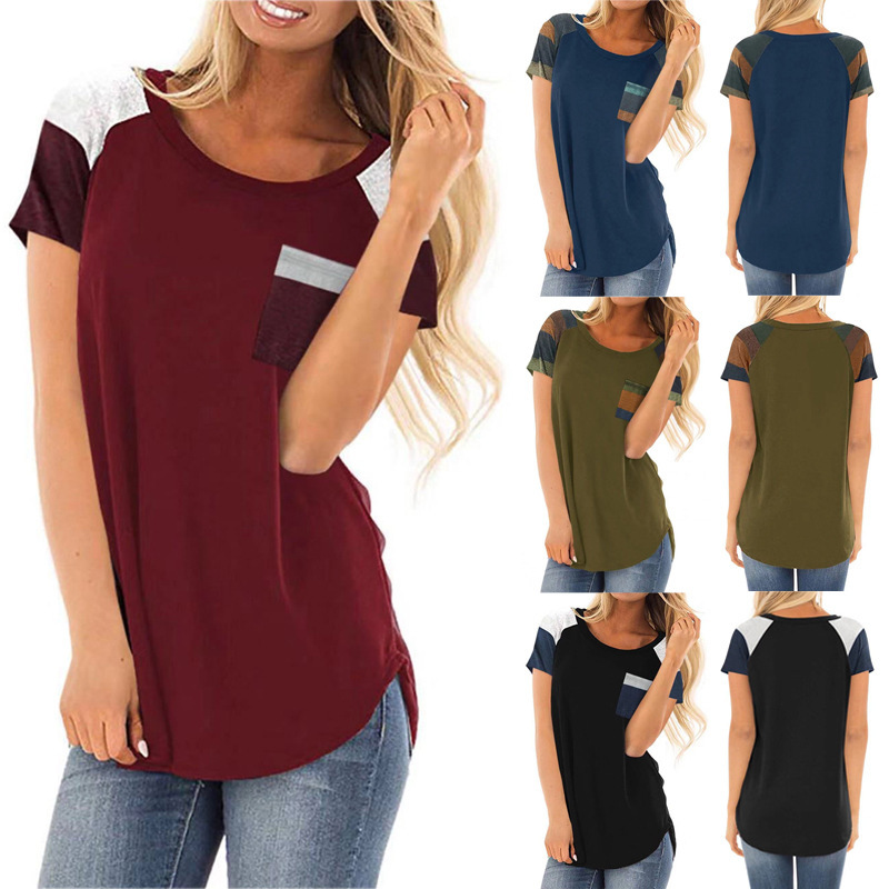 Spring Summer Stripes Pocket Stitching Loose Short-sleeved Top For Women