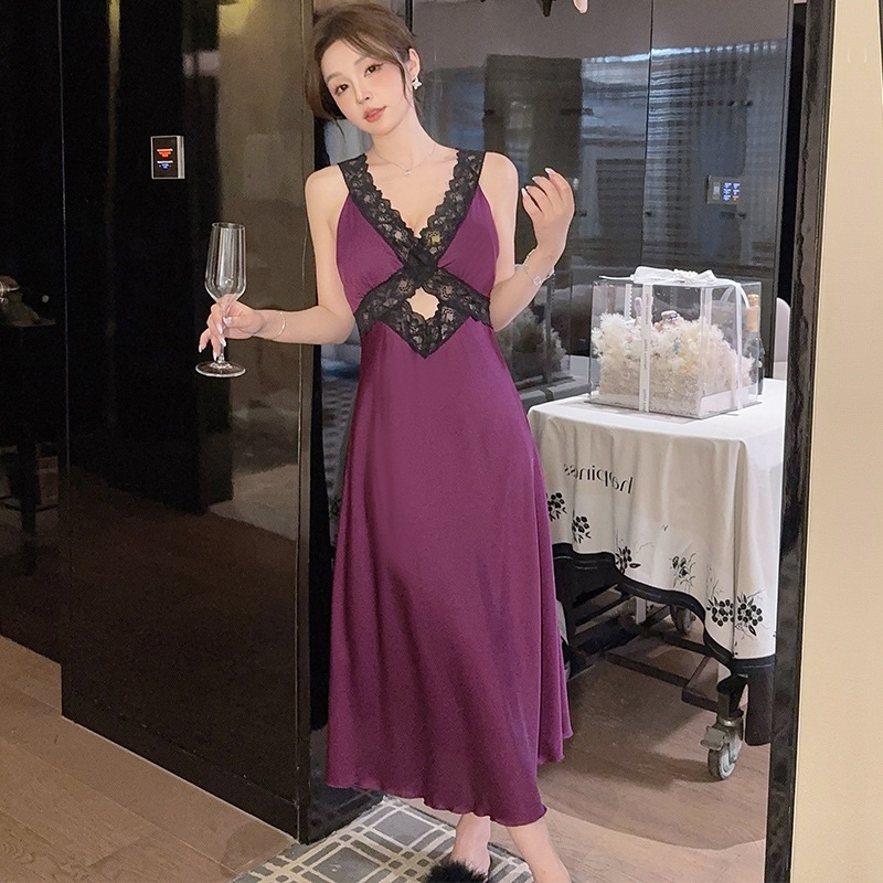 Elegant Hollow-Out Lace Long Dress Nightgown For Women