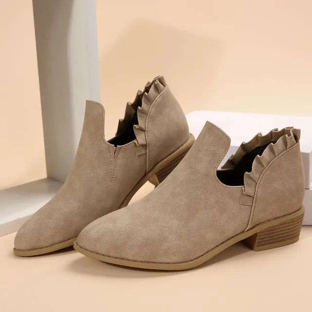 Flat Chunky Heel Fashion Shoes Women's Solid Color Pointed Martin Boots Khaki - Shop at LoveMi