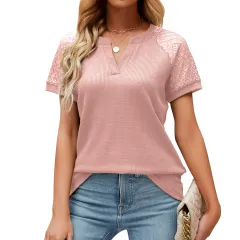 European And American T-shirt V-neck Lace Stitching Loose Top - Pink - View 1