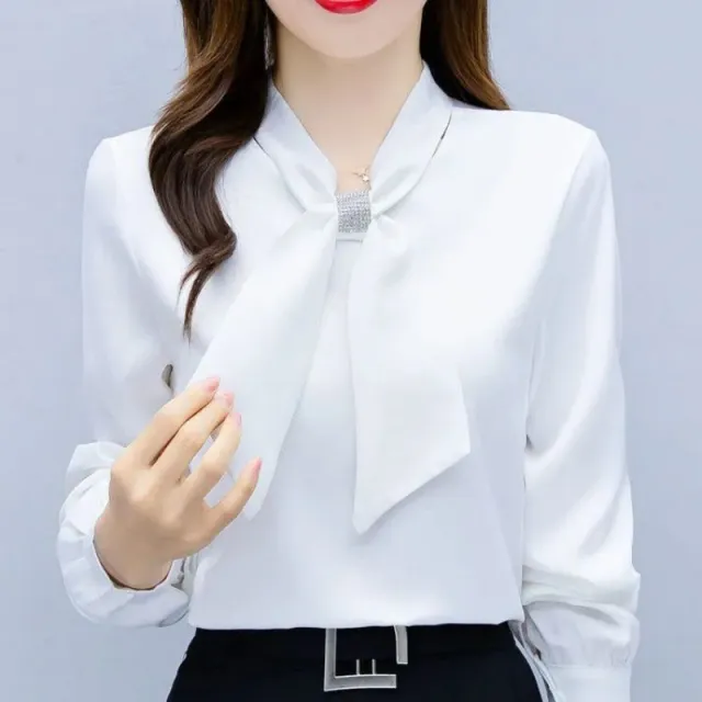 Satin V Neck Business Temperament Shirt Long Sleeve Bow Solid Color Bow Diamond Top White - Shop at LoveMi