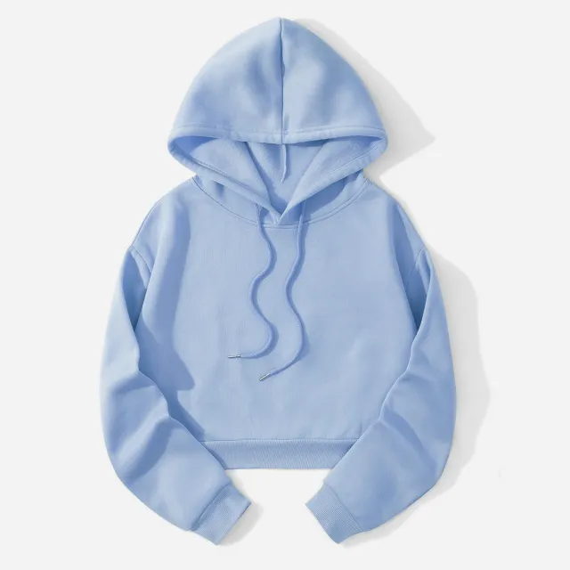 Autumn And Winter Fleece lined Casual Short Cropped Hooded Sweatshirt Sky Blue - Shop at LoveMi