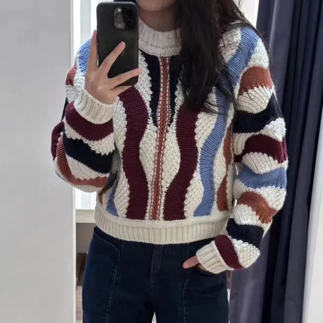 French Lazy Style Maillard Striped Splicing Pullover Round Neck Sweater - Shop at LoveMi