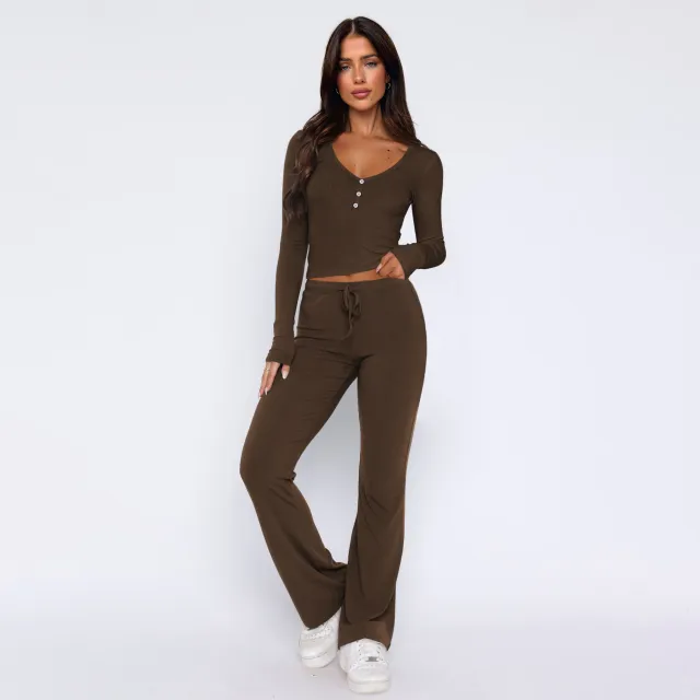 Long Sleeve Top And Pants Two piece Set Fashion Women's Wear E24Q0287028 Coffee - Shop at LoveMi