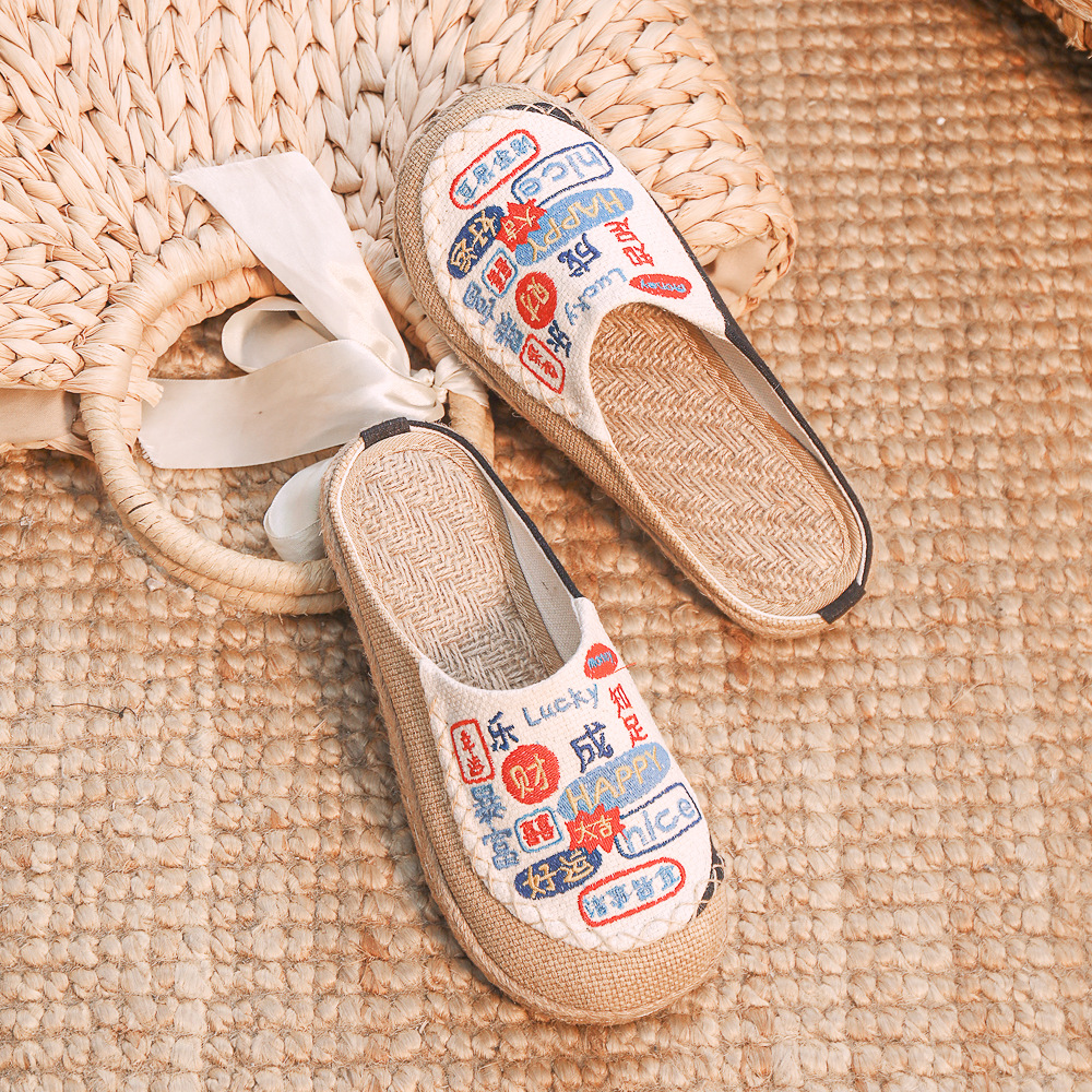 New Style Color Block Couple Slippers Chinese Style Calligraphy Font Closed Toe Womens Shoes