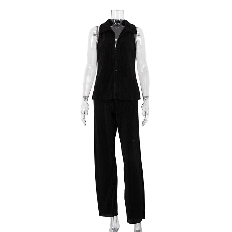Casual Solid Color Sleeveless Shirt High Waist Trousers Pleated Suit
