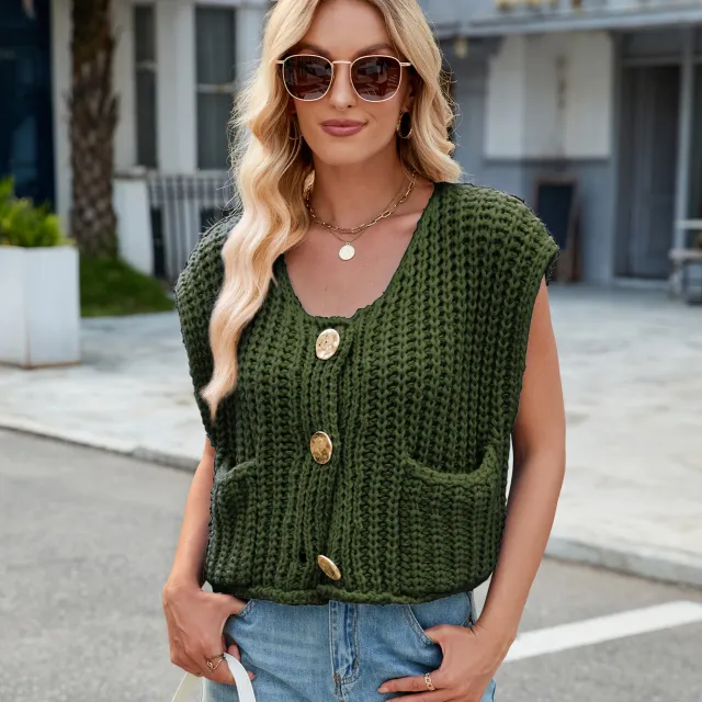 Women's V neck Three button Sleeveless Cardigan Army Green - Shop at LoveMi