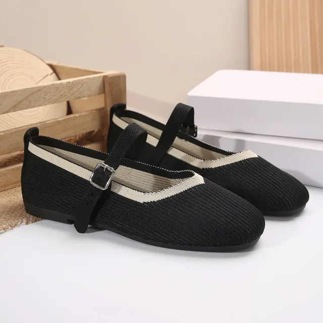 Flat Flying Woven Square Toe Low cut Shoes Black - Shop at LoveMi