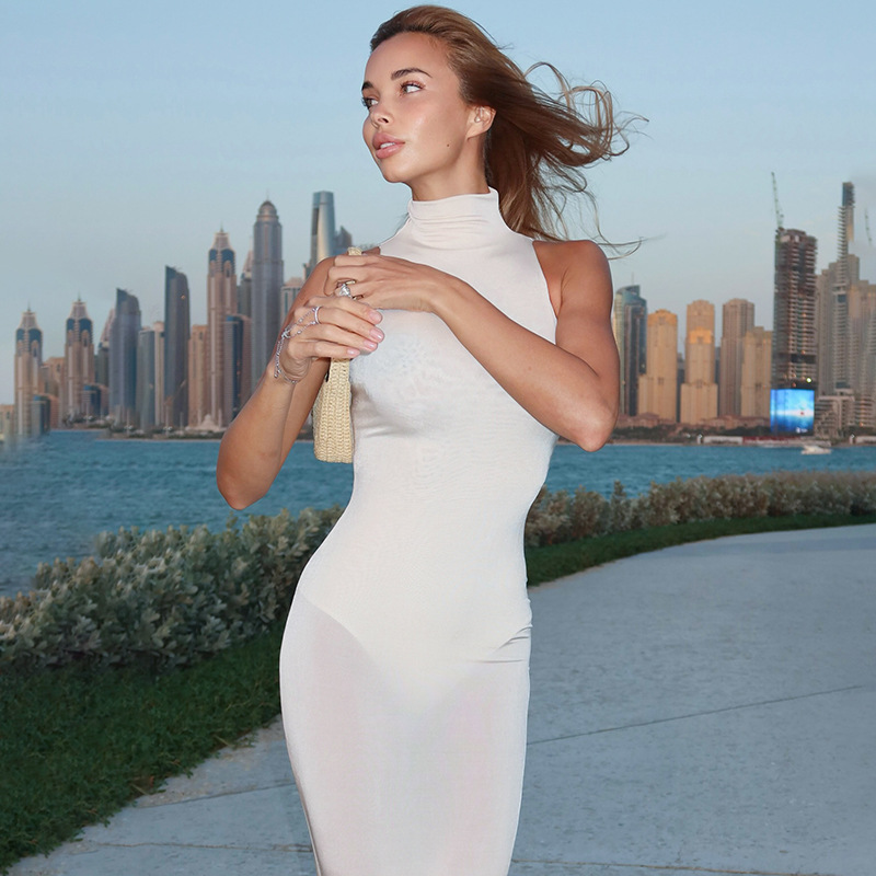 Women's Temperament Pure Color Turtleneck Sleeveless Slim Fit Hip Maxi Dress