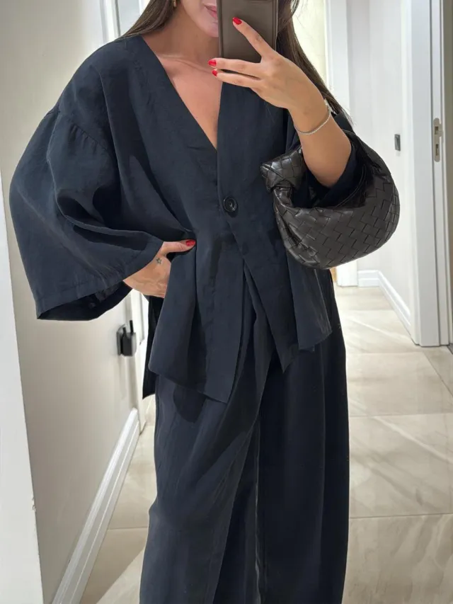 Women's Solid Color Casual Fashion Cardigan Top And Trousers Navy - Shop at LoveMi