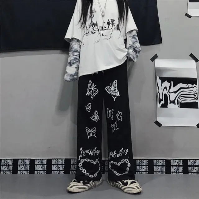 Retro Butterfly Print Wide Leg High Waist Women's Casual Pants Black Plus Velvet - Shop at LoveMi