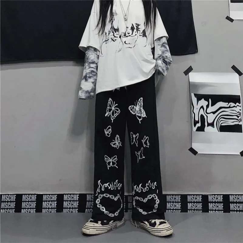 Retro Butterfly Print Wide Leg High Waist Women's Casual Pants - Black Plus Velvet