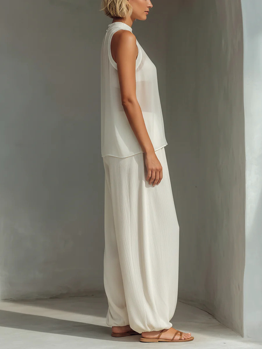 Sheer chiffon tank top and wide-leg pants set White colorway – women's boho casual two-piece summer outfit