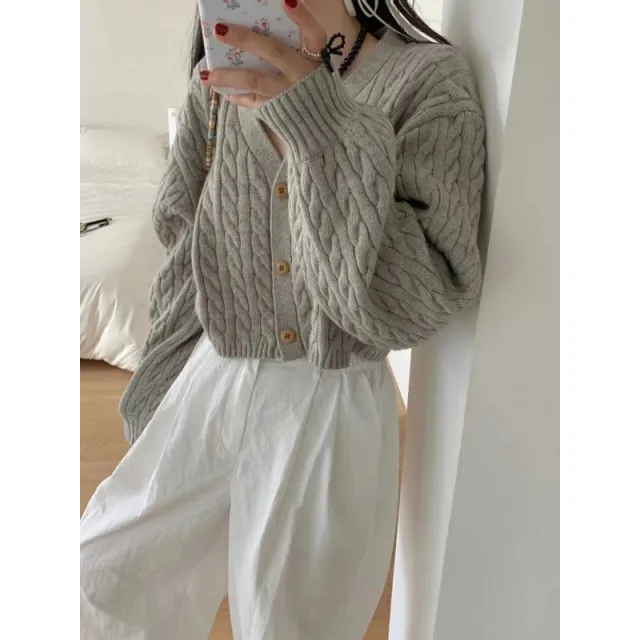 Twist Outer Wear V neck Sweater Needle Woven Women's Cardigan Gray - Shop at LoveMi