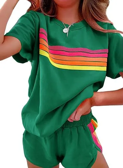 Simple Contrast Color Fashion Casual Set Women Green - Shop at LoveMi