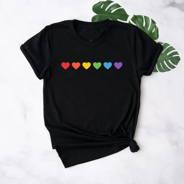 Colorful Heart Print European And American Urban Casual Simple Style T shirt Black - Shop at LoveMi