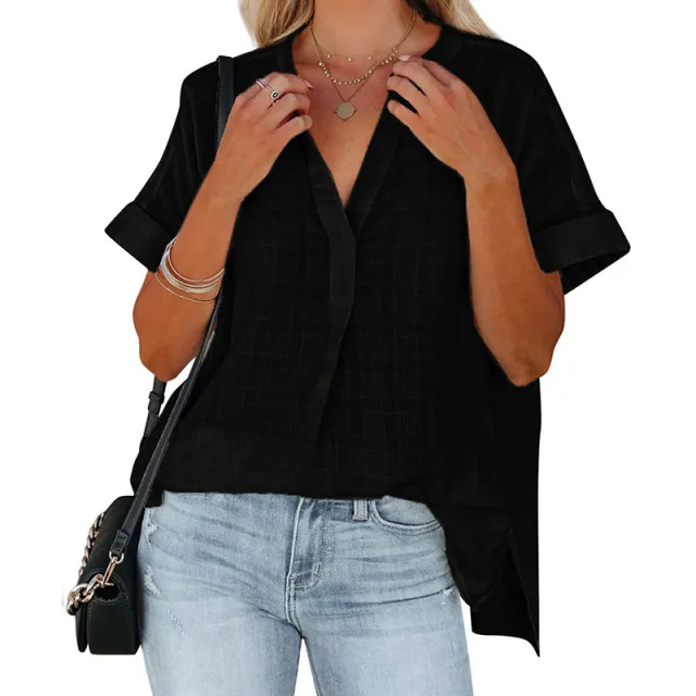 Women's Short Sleeve Thin V neck Pullover Loose Shirt Black - Shop at LoveMi