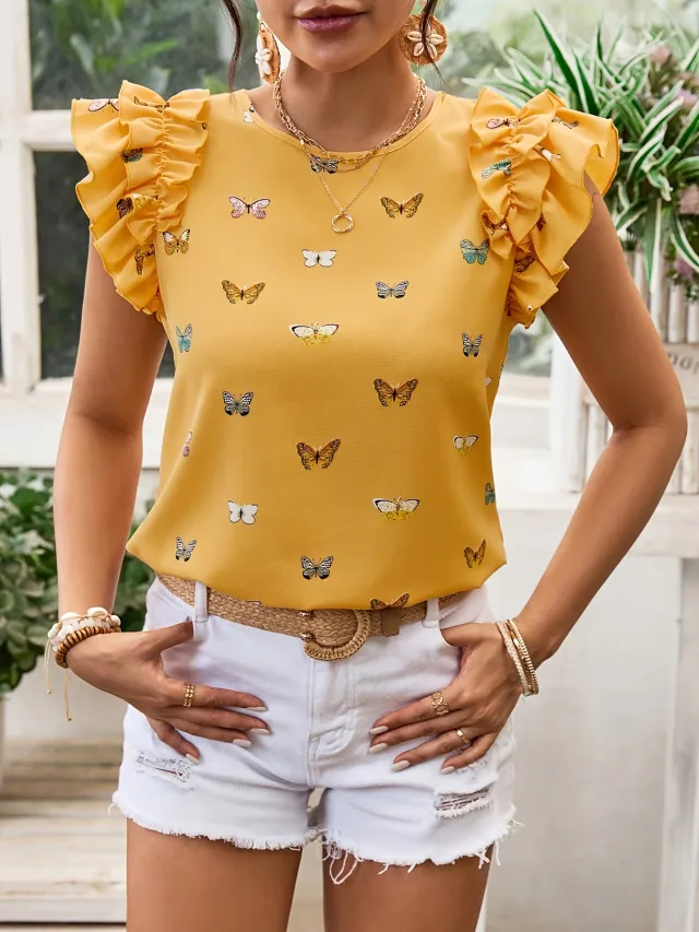 Short sleeved Crew neck Polka dot Base Shirt Yellow - Shop at LoveMi