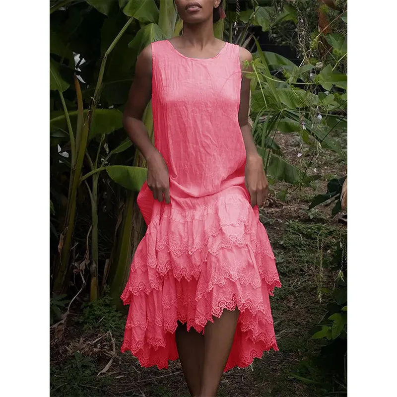Solid Color Fashion Elegant Sleeveless Swing Dress - Red