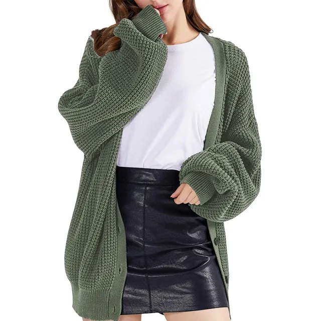 Women's Mid length V neck Knitted Cardigan Sweater Green - Shop at LoveMi