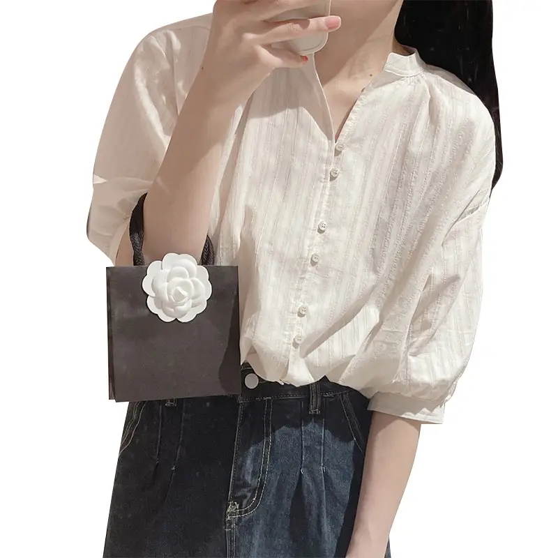 Women's Mandarin Collar Button-Down Shirt with Puff Sleeves