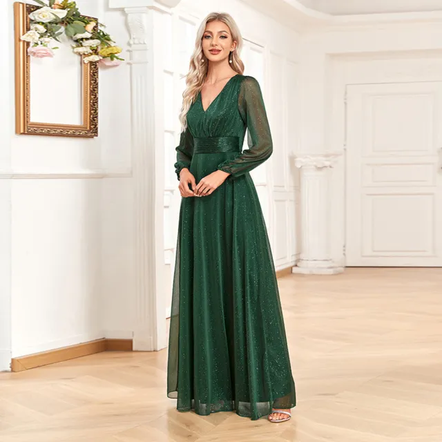Women's Chiffon Evening Dress A Line Sheer Long Sleeve Wedding Dark Green - Shop at LoveMi