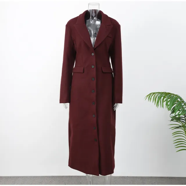 Long Button Coat Jacket European And American Double breasted Winter Premium Coat Burgundy Red - Shop at LoveMi