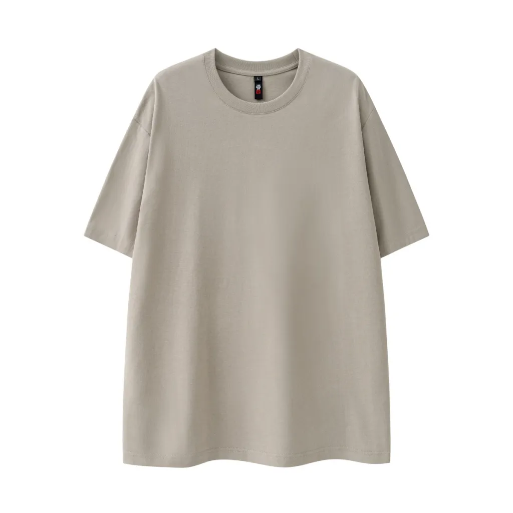 280g Pure Cotton Solid Colour Short Sleeve American Casual Loose Shoulder T-shirt - Smoky Grey