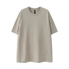 280g Pure Cotton Solid Colour Short Sleeve American Casual Loose Shoulder T-shirt - Smoky Grey - View 1