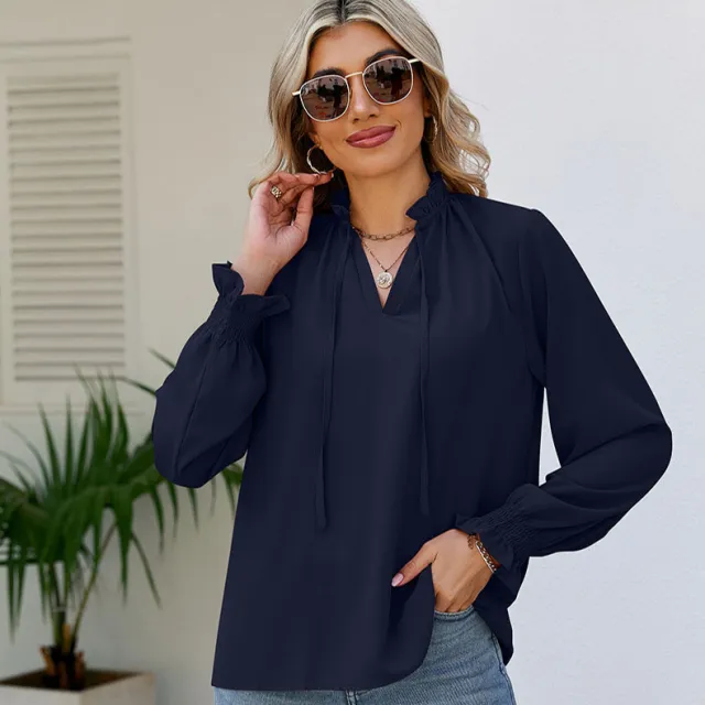 Women's Loose Soft Shirt Lace up Chiffon Shirt Purplish Blue - Shop at LoveMi
