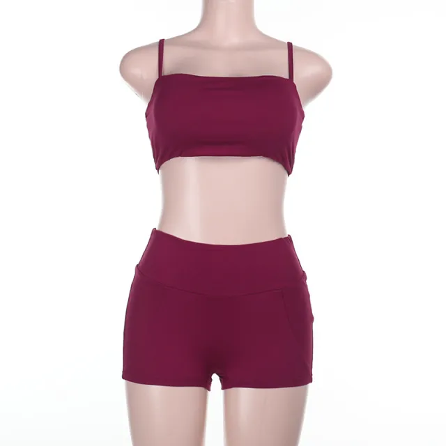 Solid Color Sports Fitness Leisure Sling Vest Shorts Set Wine Red - Shop at LoveMi