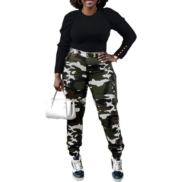 European And American Fashion Women's Camouflage Cotton Skinny Cargo Pants Black - Shop at LoveMi