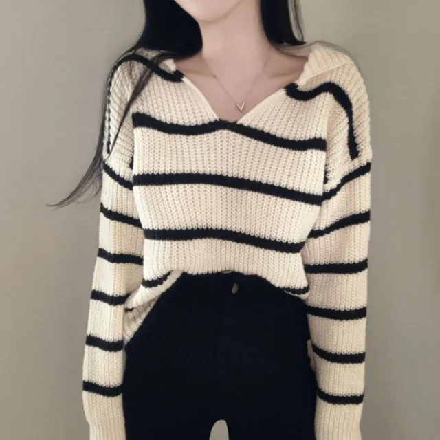 Autumn And Winter Navy Collar Striped Sweater For Women White Stripes - Shop at LoveMi