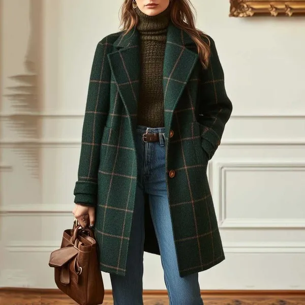 Plaid Mid length Lapel Large Size Jacket Dark Green - Shop at LoveMi
