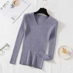 New V-neck Long Sleeve Base Knitting Autumn All-matching Slim Fit Tight Pullover Sweater - Grey - View 1
