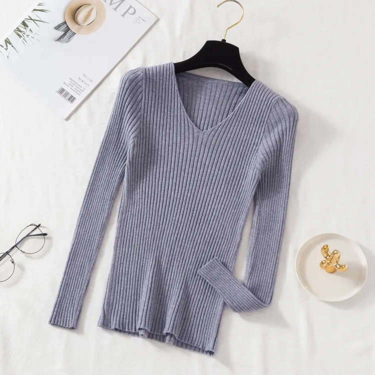 New V-neck Long Sleeve Base Knitting Autumn All-matching Slim Fit Tight Pullover Sweater - Gray