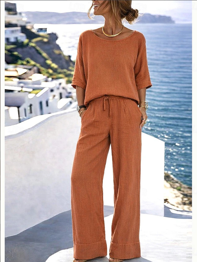 Women's matching resort set in green – short sleeve and wide-leg pants