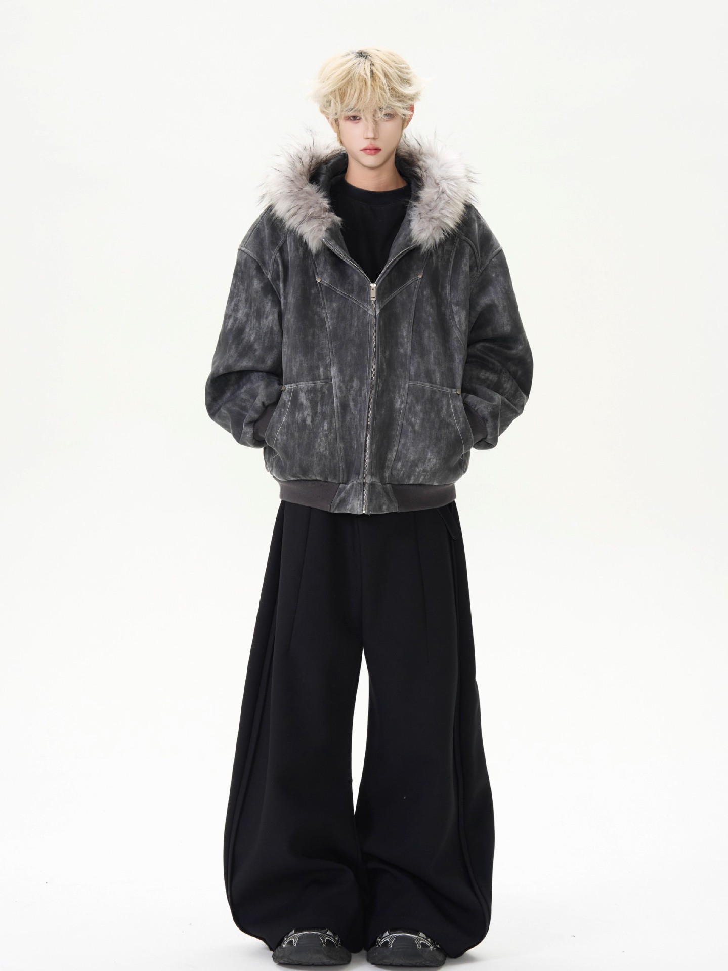 Men's Vintage Wash Suede-Touch Oversized Jacket with Plush Fur Hood