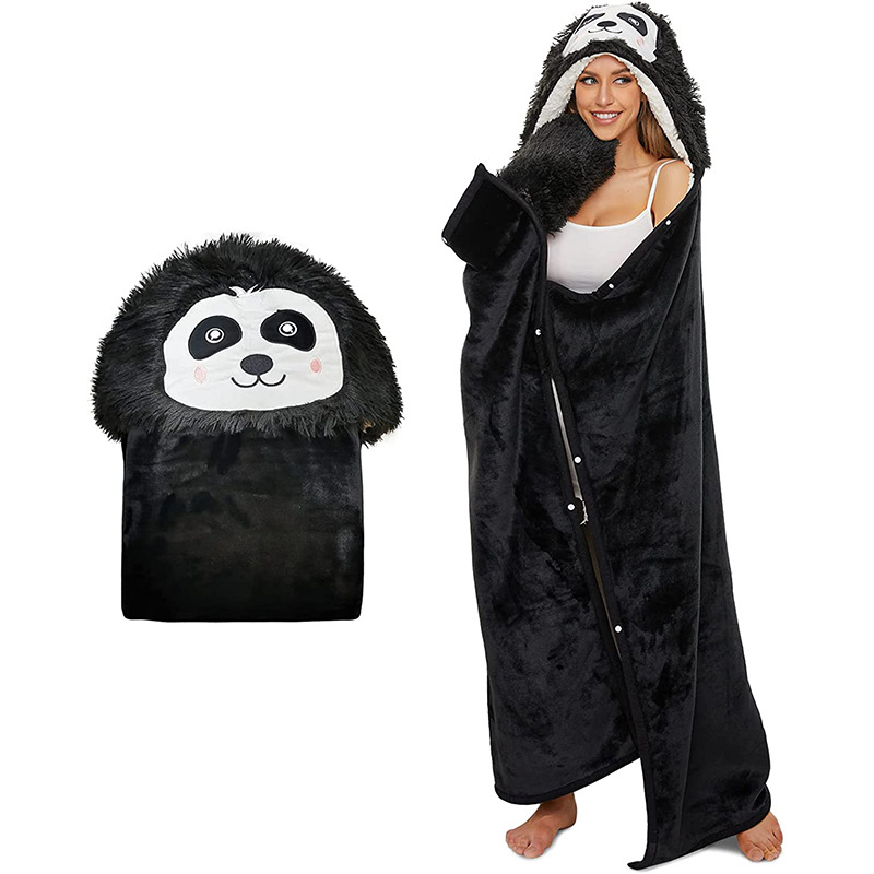 Leopard Print Hooded Blanket Cloak Black Panda - Shop at LoveMi