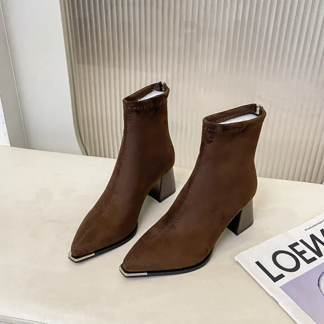 Vintage Chunky heeled Suede Pointed toe Ankle Bootsversatile Brown - Shop at LoveMi