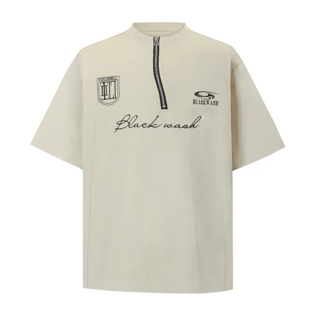 Summer Irregular Zipper Design Fabric Short Sleeve T shirt Apricot - Shop at LoveMi