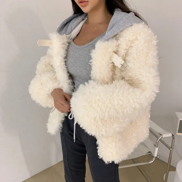 Women's Korean style Hooded Leather Ring Lamb Wool Short Coat Jacket Beige - Shop at LoveMi
