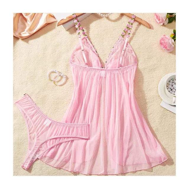 Pajamas Hollow Chest Thin Hollow Mesh Nightdress Pink - Shop at LoveMi