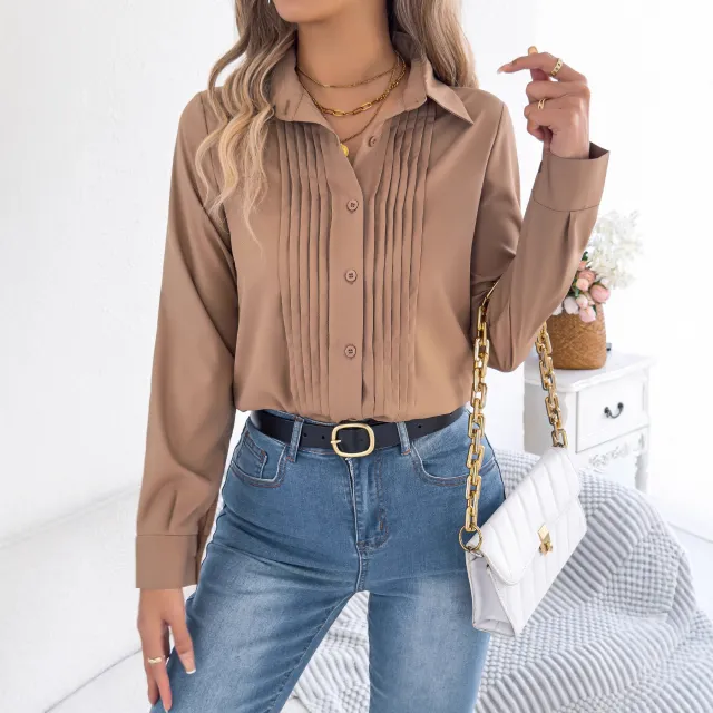 Pleated Solid color Button up Long sleeve Business Shirt Khaki - Shop at LoveMi