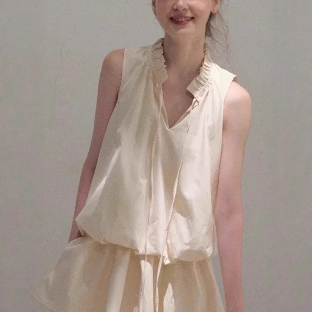 Lyocell Cotton Lace-up Relaxed Profile Design Sense Bud Jellyfish Dress - Cream Yellow