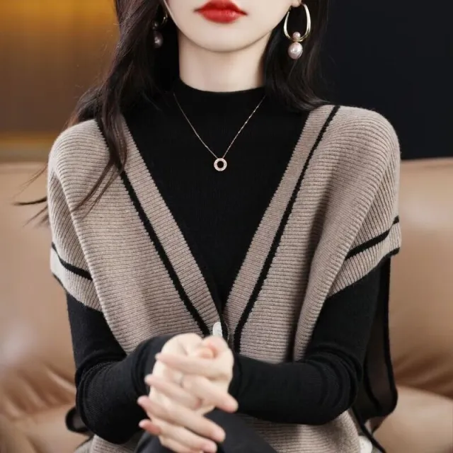 Single breasted Color Matching Sleeveless Sweater Coat Loose Knitted Cardigan Waistcoat Camel - Shop at LoveMi
