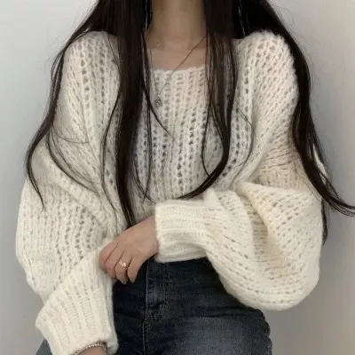 Women's Autumn And Winter Candy Color Pullover Loose Lantern Sleeve Knitted Sweater White - Shop at LoveMi