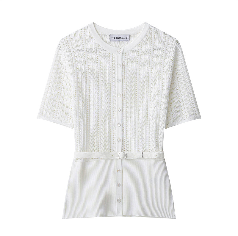 Women's Simple Belt Jacquard Mesh Knitted Coat