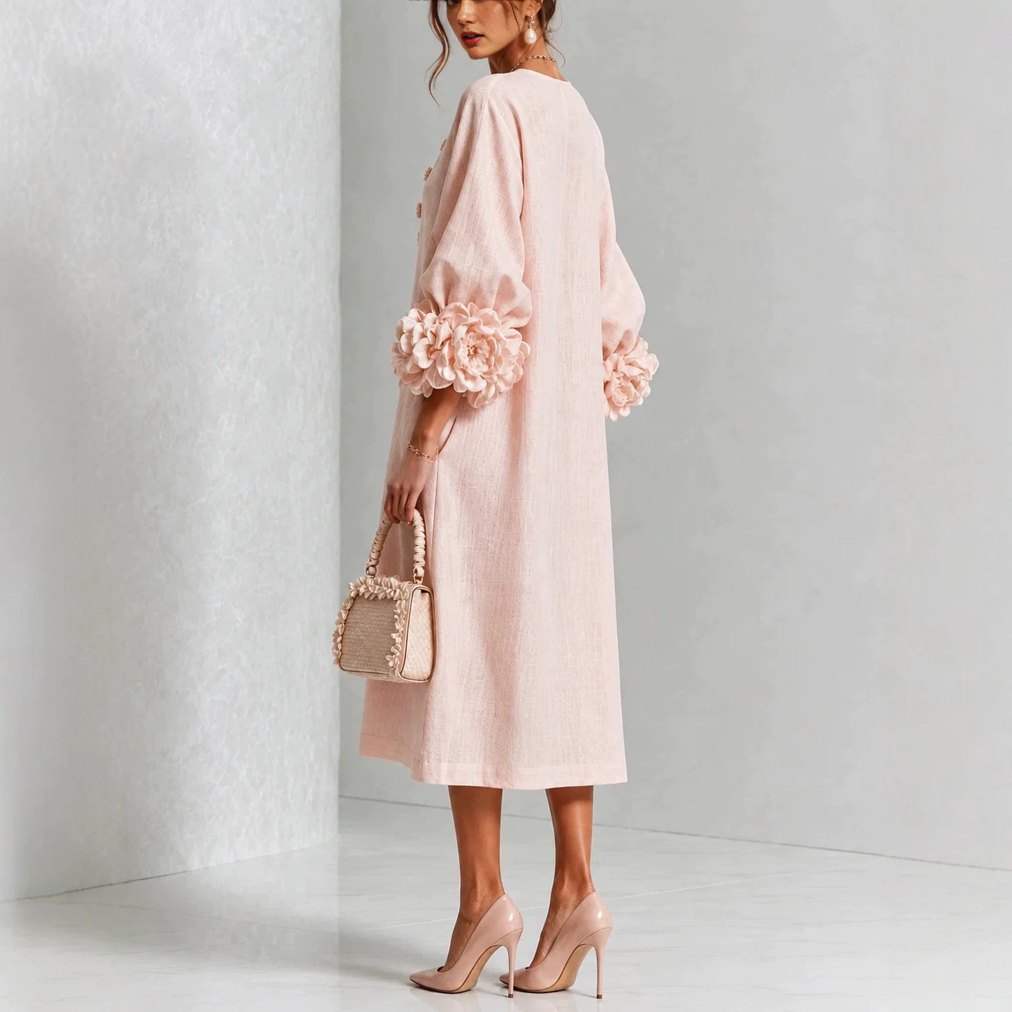 Puff Sleeve Floral Dress Pink Navy - French Style A-Line