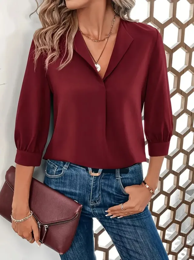 Women's Fashion Loose fitting Long Sleeves Shirt Wine - Shop at LoveMi